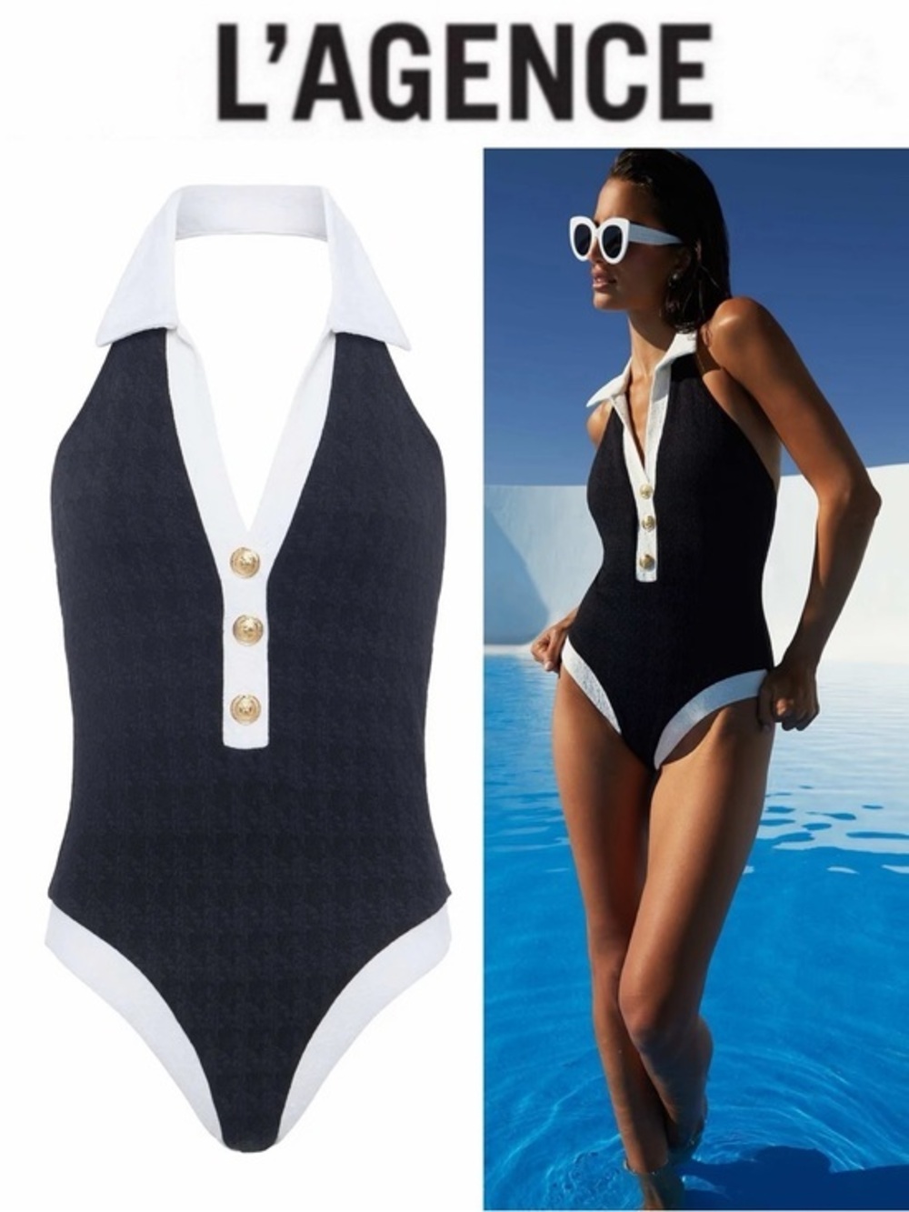 L'AGENCE Natalya Collared One-Piece Black with White Trim Halter Sz M NWT $280